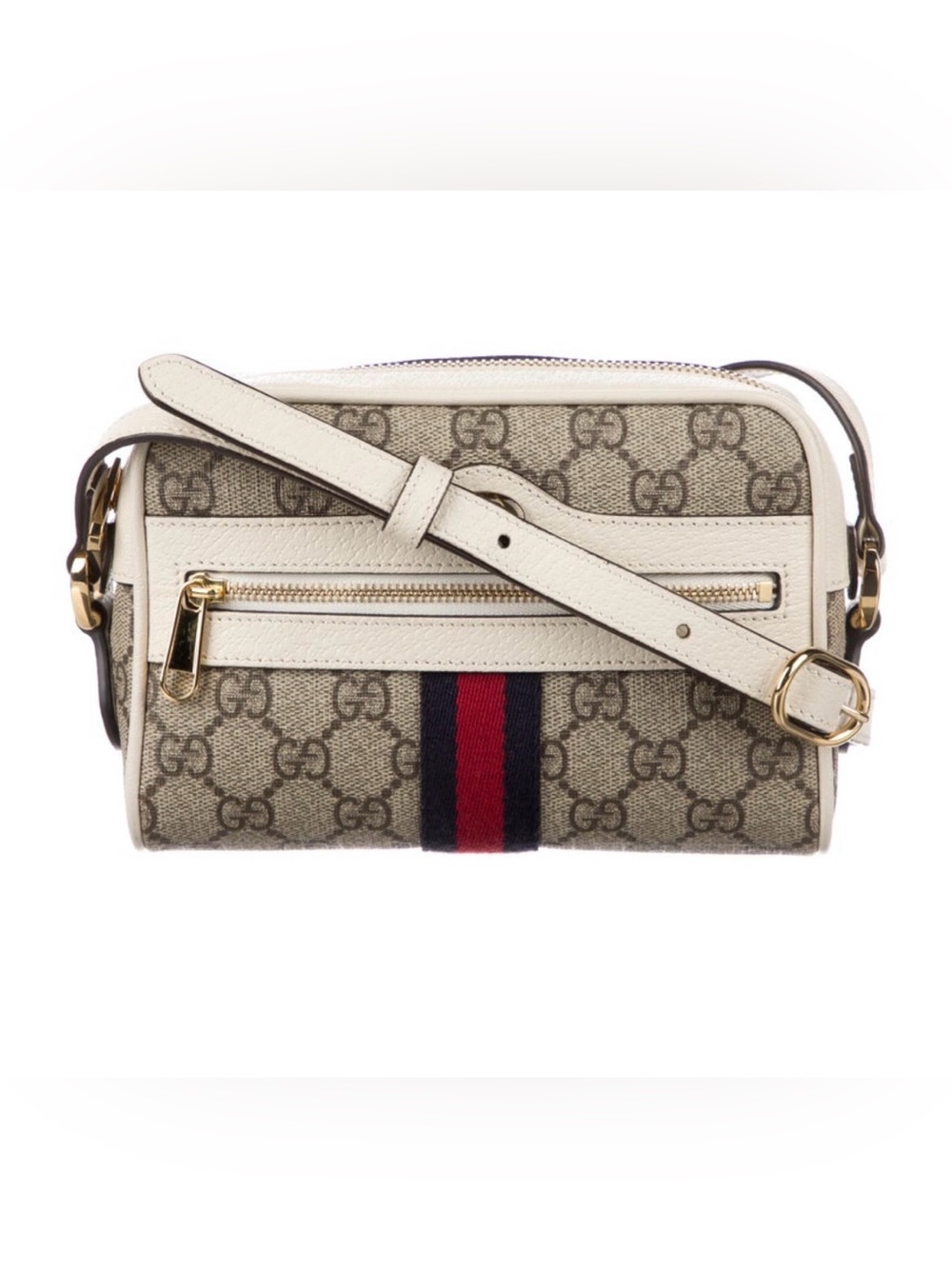 Gucci Beige GG Supreme Canvas Crossbody with Red & Navy Web